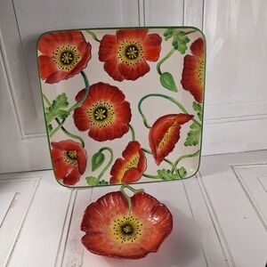 Vintage Clay Art Hand Painted Poppies 2001 Big Platter & Small Plate Red Orange